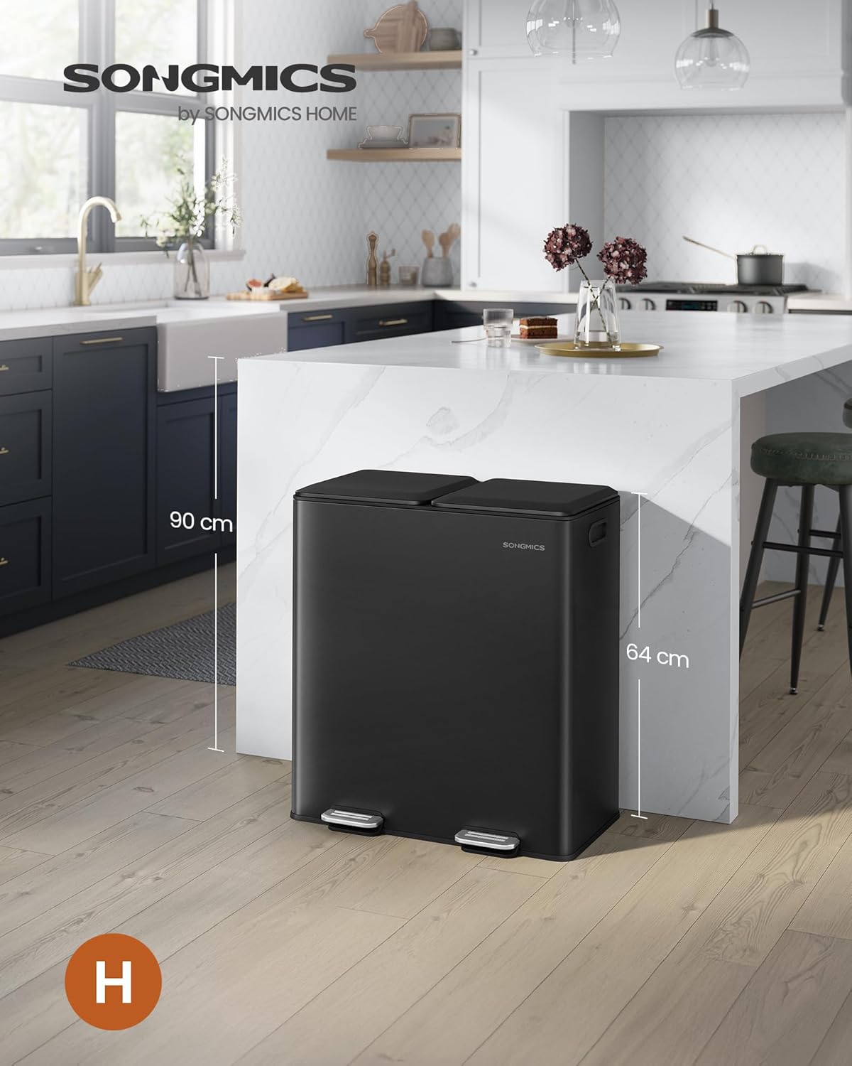 Prullenbak – pedaalemmer - 2 vakken – 2 x 30 liter – Softclose deksel – uitneembare binnenemmers – met 15 vuilniszakken – - zwart - LTB743B02 - Afbeelding 3