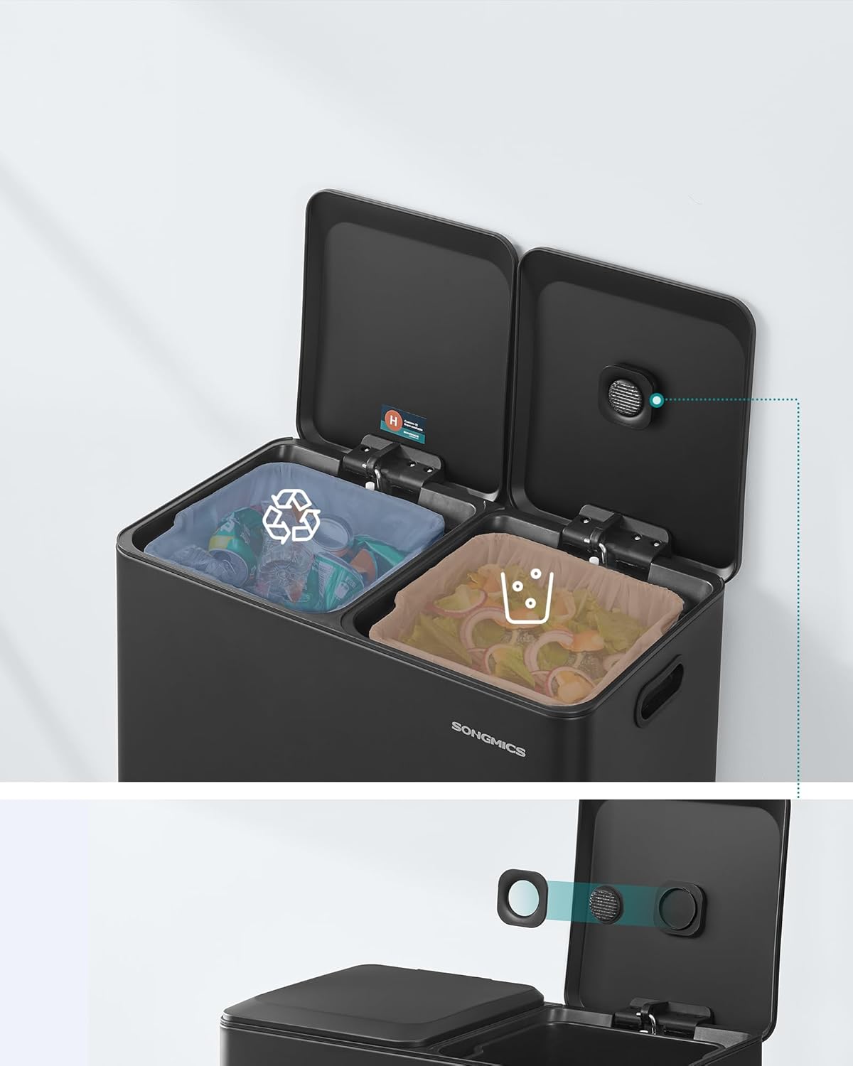 Prullenbak – pedaalemmer - 2 vakken – 2 x 30 liter – Softclose deksel – uitneembare binnenemmers – met 15 vuilniszakken – - zwart - LTB743B02 - Afbeelding 2