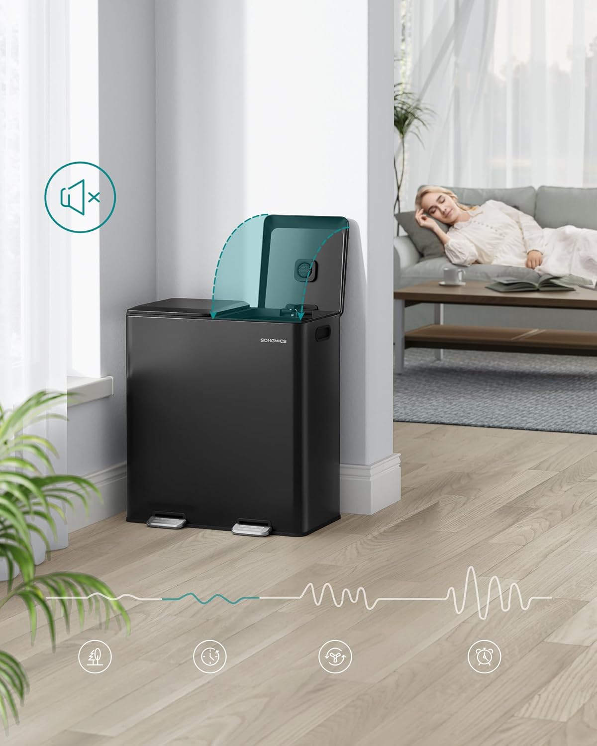 Prullenbak – pedaalemmer - 2 vakken – 2 x 30 liter – Softclose deksel – uitneembare binnenemmers – met 15 vuilniszakken – - zwart - LTB743B02 - Afbeelding 6