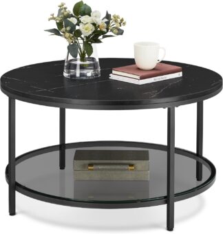 Ronde salontafel met twee niveau's - marmerlook - diameter 80 cm - zwart - lct071b58