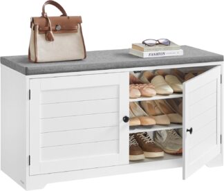 Opbergkist - opbergbox met zitfunctie - schoenenbank - breedte 101 cm - 2 deuren - schoenenopberger in boerderijstijl - wit - LSB044W01