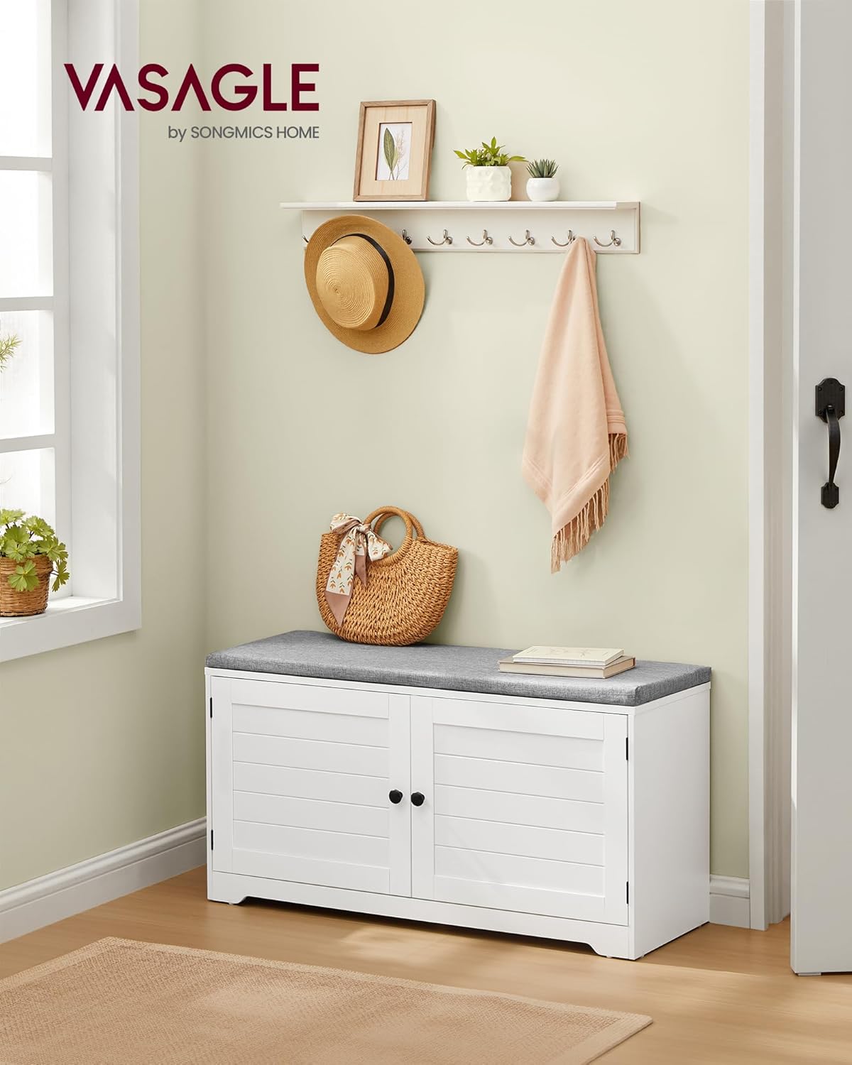 Opbergkist - opbergbox met zitfunctie - schoenenbank - breedte 101 cm - 2 deuren - schoenenopberger in boerderijstijl - wit - LSB044W01 - Afbeelding 2