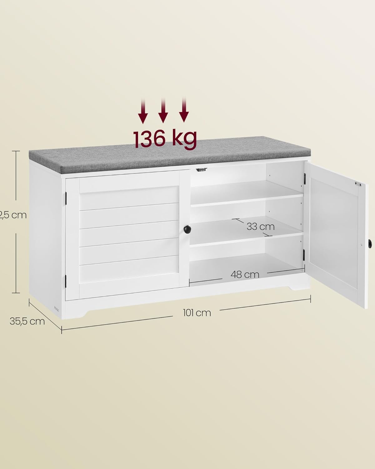 Opbergkist - opbergbox met zitfunctie - schoenenbank - breedte 101 cm - 2 deuren - schoenenopberger in boerderijstijl - wit - LSB044W01 - Afbeelding 3