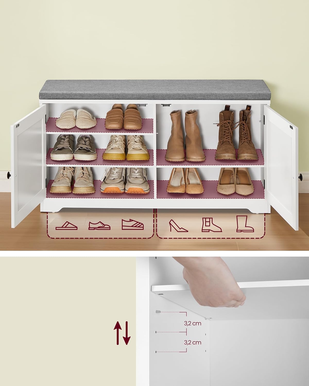Opbergkist - opbergbox met zitfunctie - schoenenbank - breedte 101 cm - 2 deuren - schoenenopberger in boerderijstijl - wit - LSB044W01 - Afbeelding 4