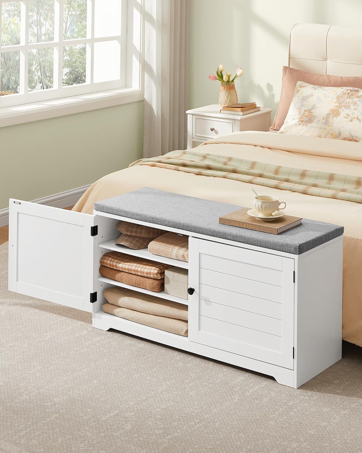 Opbergkist - opbergbox met zitfunctie - schoenenbank - breedte 101 cm - 2 deuren - schoenenopberger in boerderijstijl - wit - LSB044W01 - Afbeelding 6