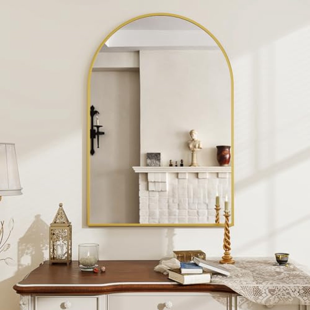 Staande spiegel XL- 91x61 cm hoog - gebogen - aluminium frame en gehard glas - goud - lwm011ab01 - Afbeelding 3