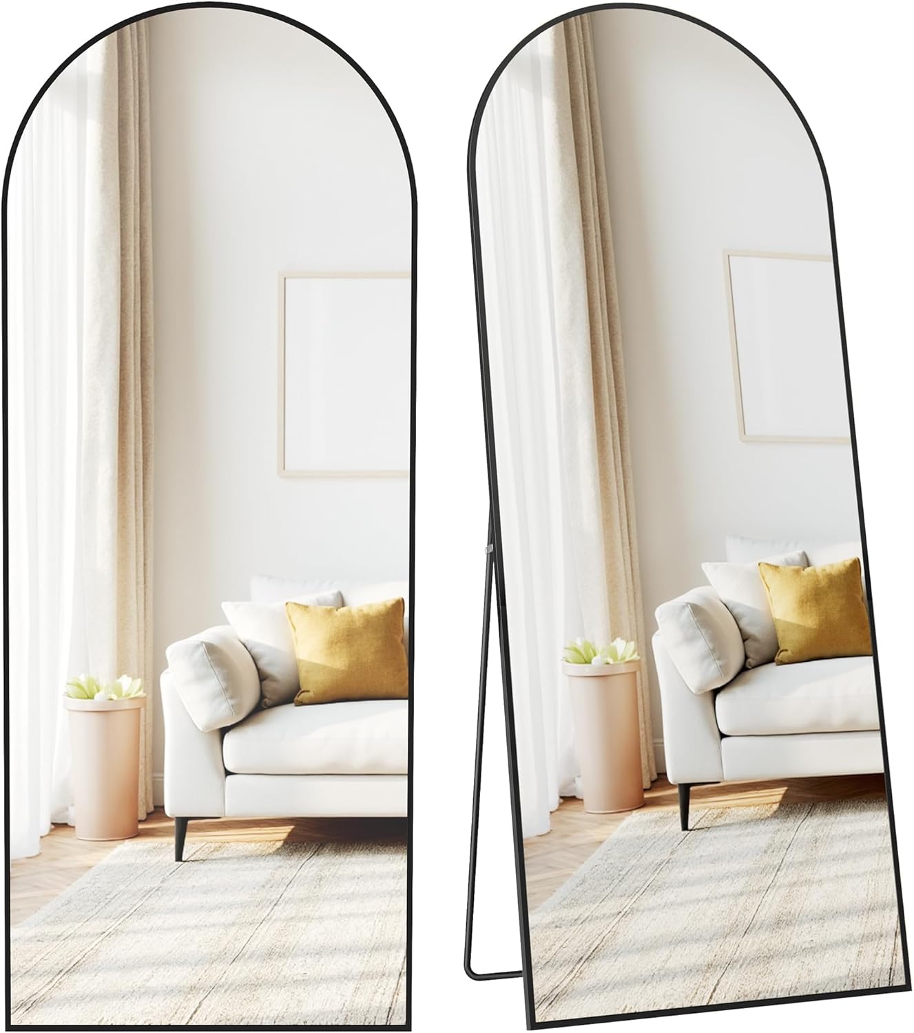 Staande spiegel XL- 165x60 cm hoog - volledige lengte spiegel - gebogen - aluminium frame en gehard glas - zwart - LFM039BD01