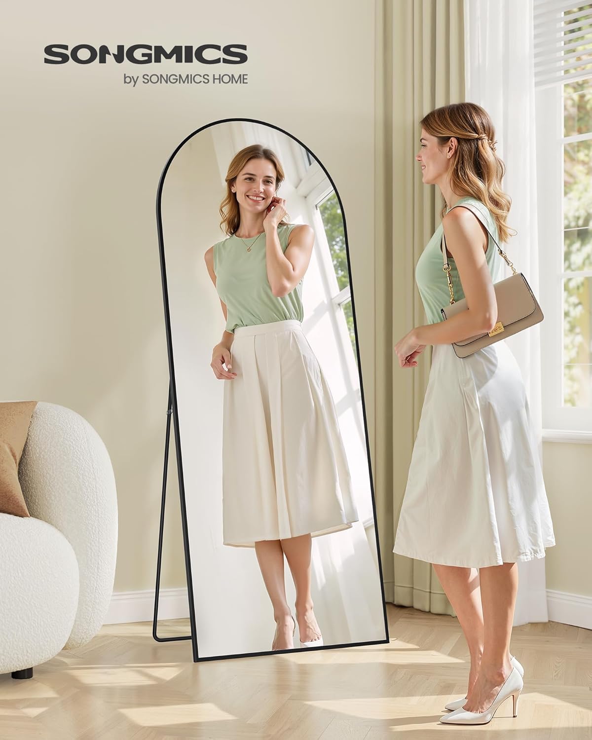 Staande spiegel XL- 165x60 cm hoog - volledige lengte spiegel - gebogen - aluminium frame en gehard glas - zwart - LFM039BD01 - Afbeelding 6