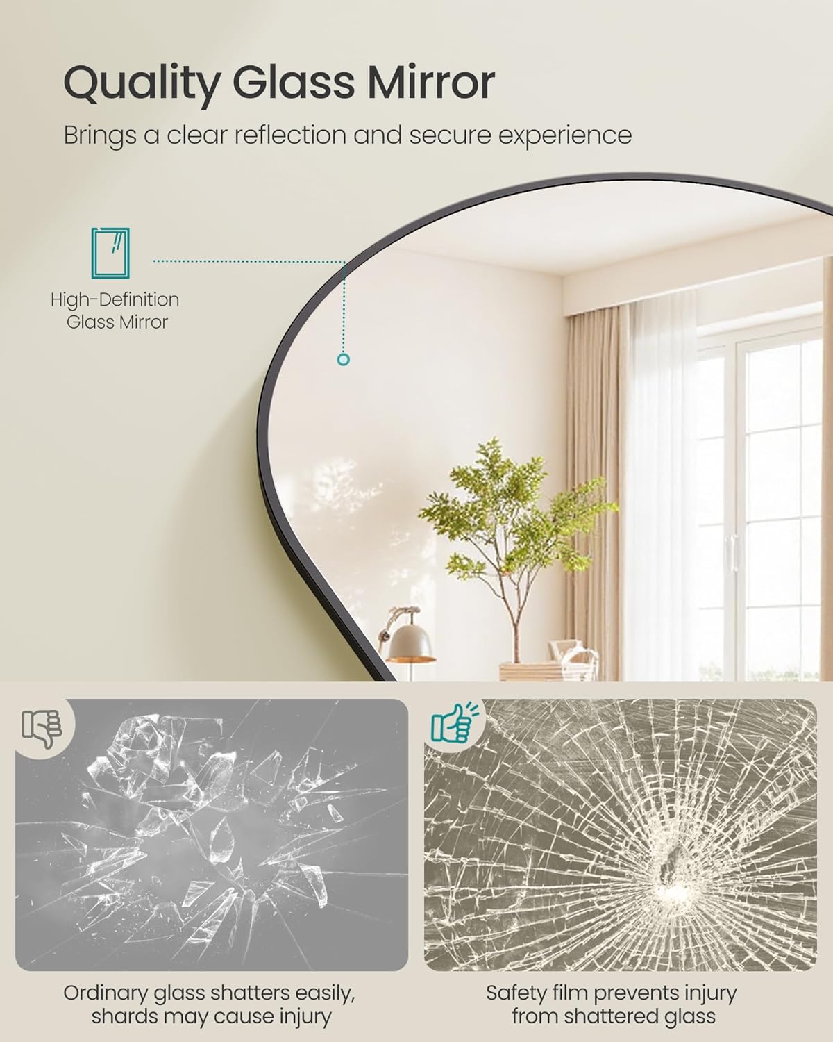 Staande spiegel XL- 165x60 cm hoog - volledige lengte spiegel - gebogen - aluminium frame en gehard glas - zwart - LFM039BD01 - Afbeelding 5