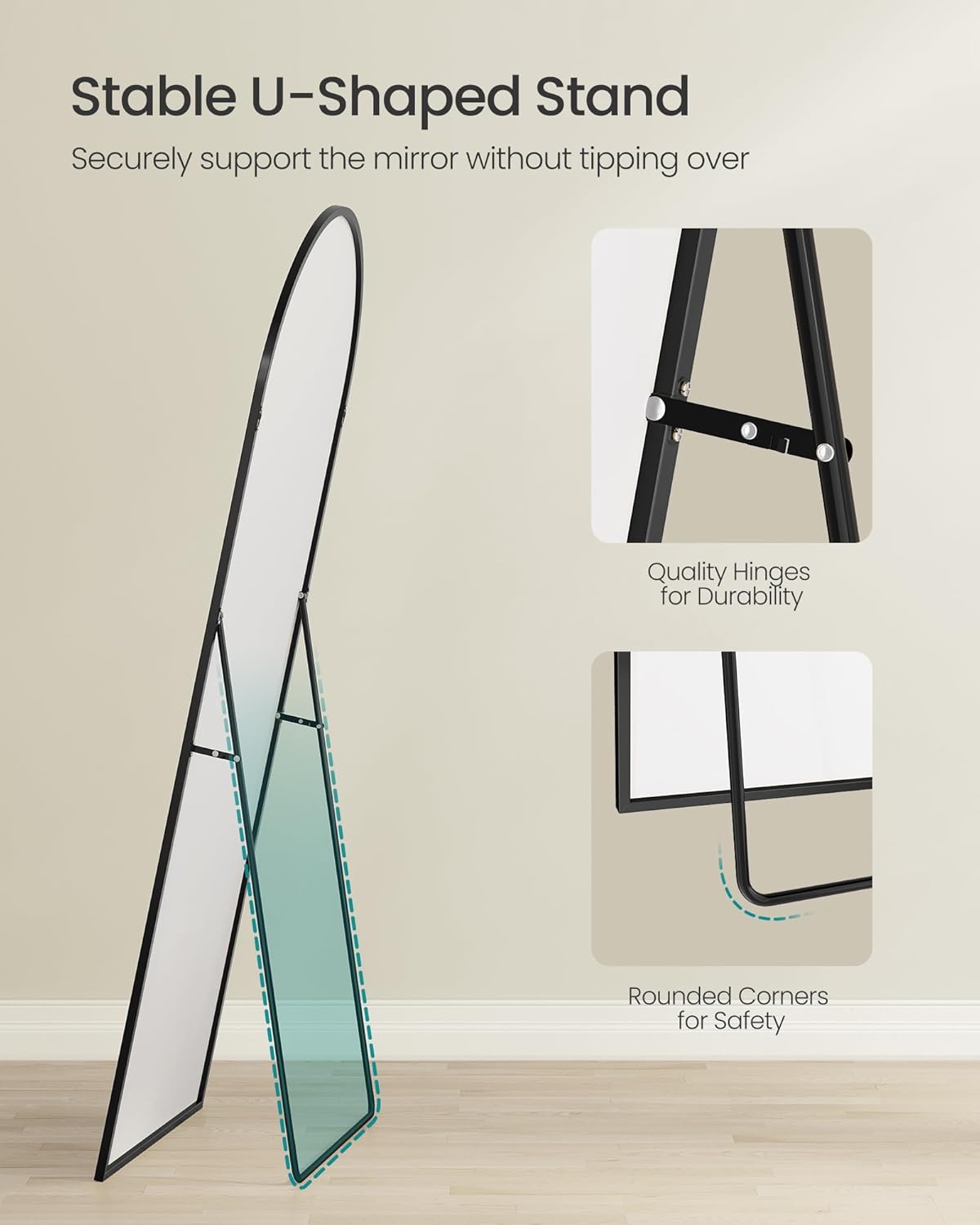 Staande spiegel XL- 165x60 cm hoog - volledige lengte spiegel - gebogen - aluminium frame en gehard glas - zwart - LFM039BD01 - Afbeelding 4