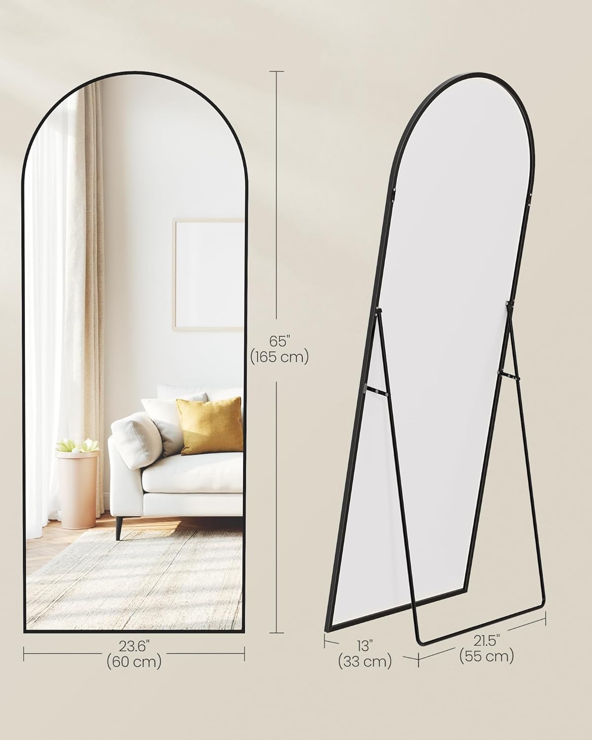 Staande spiegel XL- 165x60 cm hoog - volledige lengte spiegel - gebogen - aluminium frame en gehard glas - zwart - LFM039BD01 - Afbeelding 3
