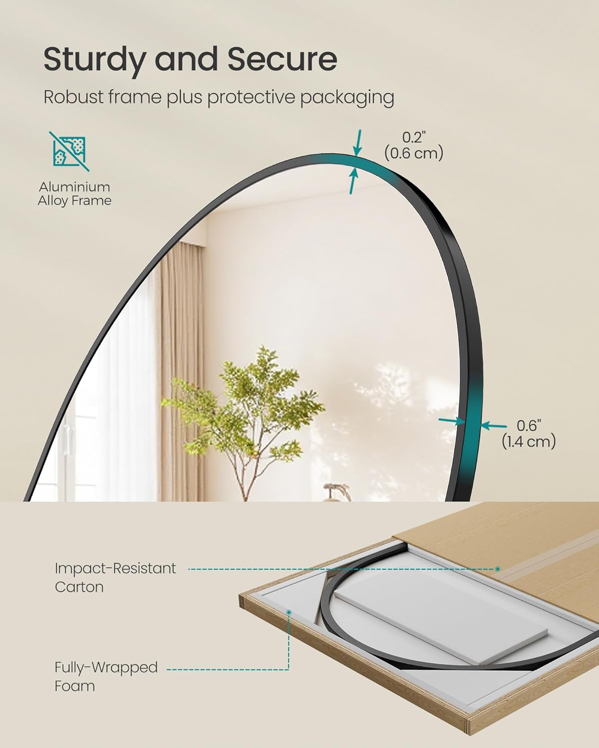 Staande spiegel XL- 165x60 cm hoog - volledige lengte spiegel - gebogen - aluminium frame en gehard glas - zwart - LFM039BD01 - Afbeelding 2