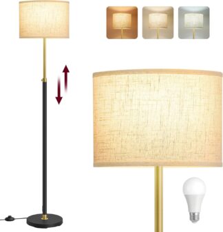 Staande lamp - hoogte verstelbaar van 140 tot 170 cm voetschakelaar - stoffen lampenkap - fitting E27 - goud en zwart - LFL002B02