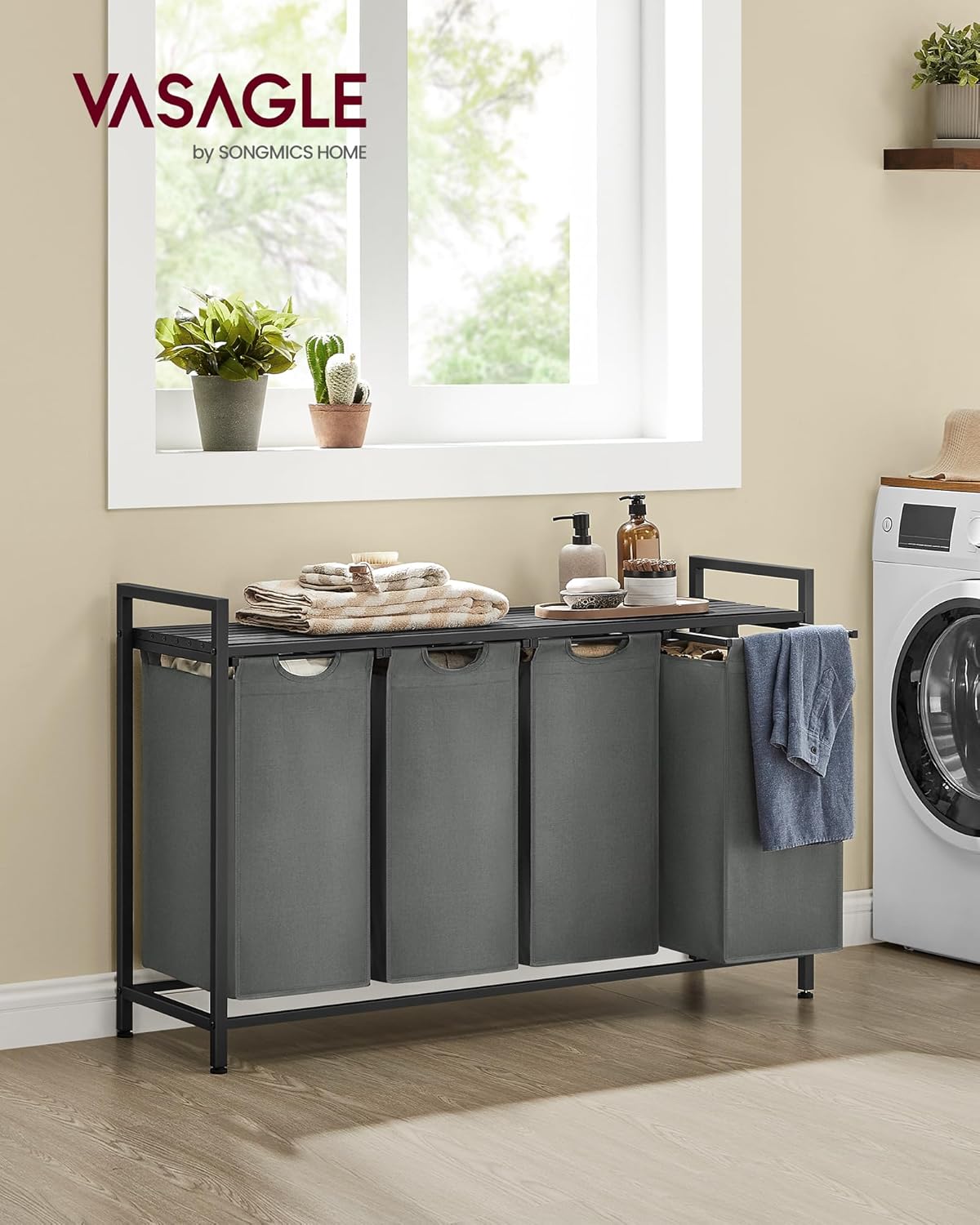 Wasmand in wasmeubel - wasmand met 4 zakken - 160 Liter - 116 x 72 x 33 cm - Wassorteerder - grijs - BLH401G01 - Afbeelding 2