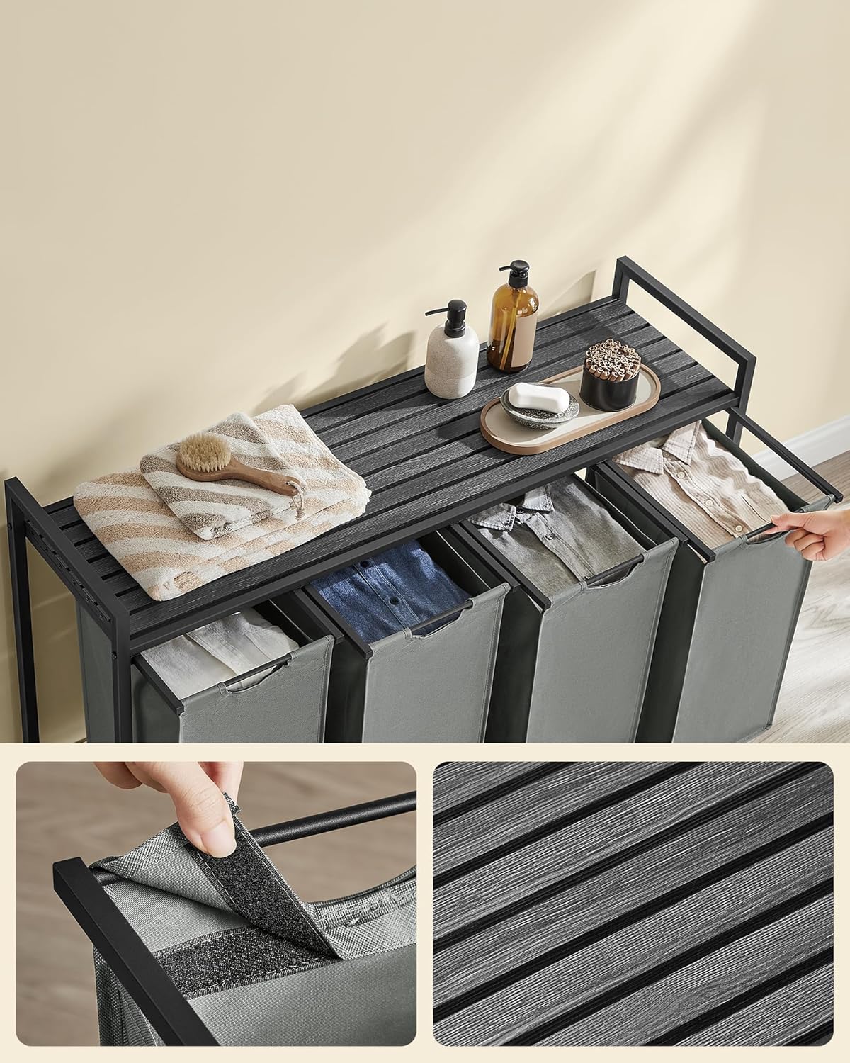 Wasmand in wasmeubel - wasmand met 4 zakken - 160 Liter - 116 x 72 x 33 cm - Wassorteerder - grijs - BLH401G01 - Afbeelding 3