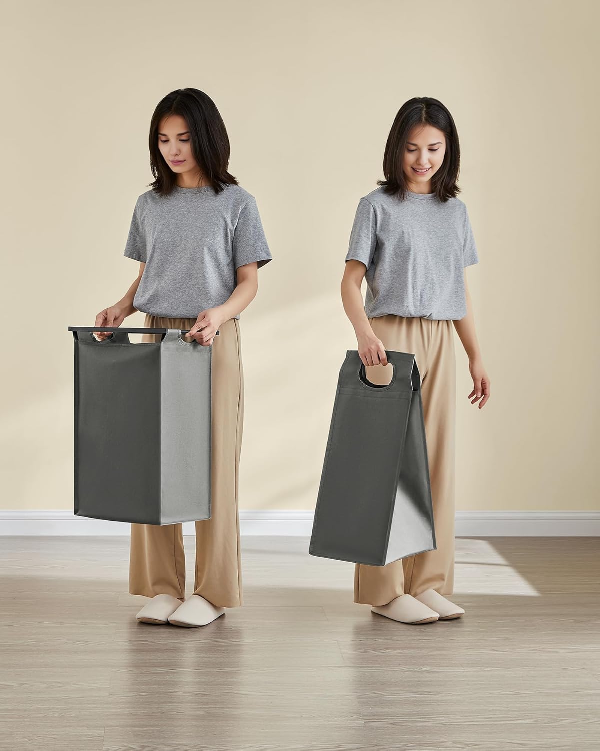 Wasmand in wasmeubel - wasmand met 4 zakken - 160 Liter - 116 x 72 x 33 cm - Wassorteerder - grijs - BLH401G01 - Afbeelding 6