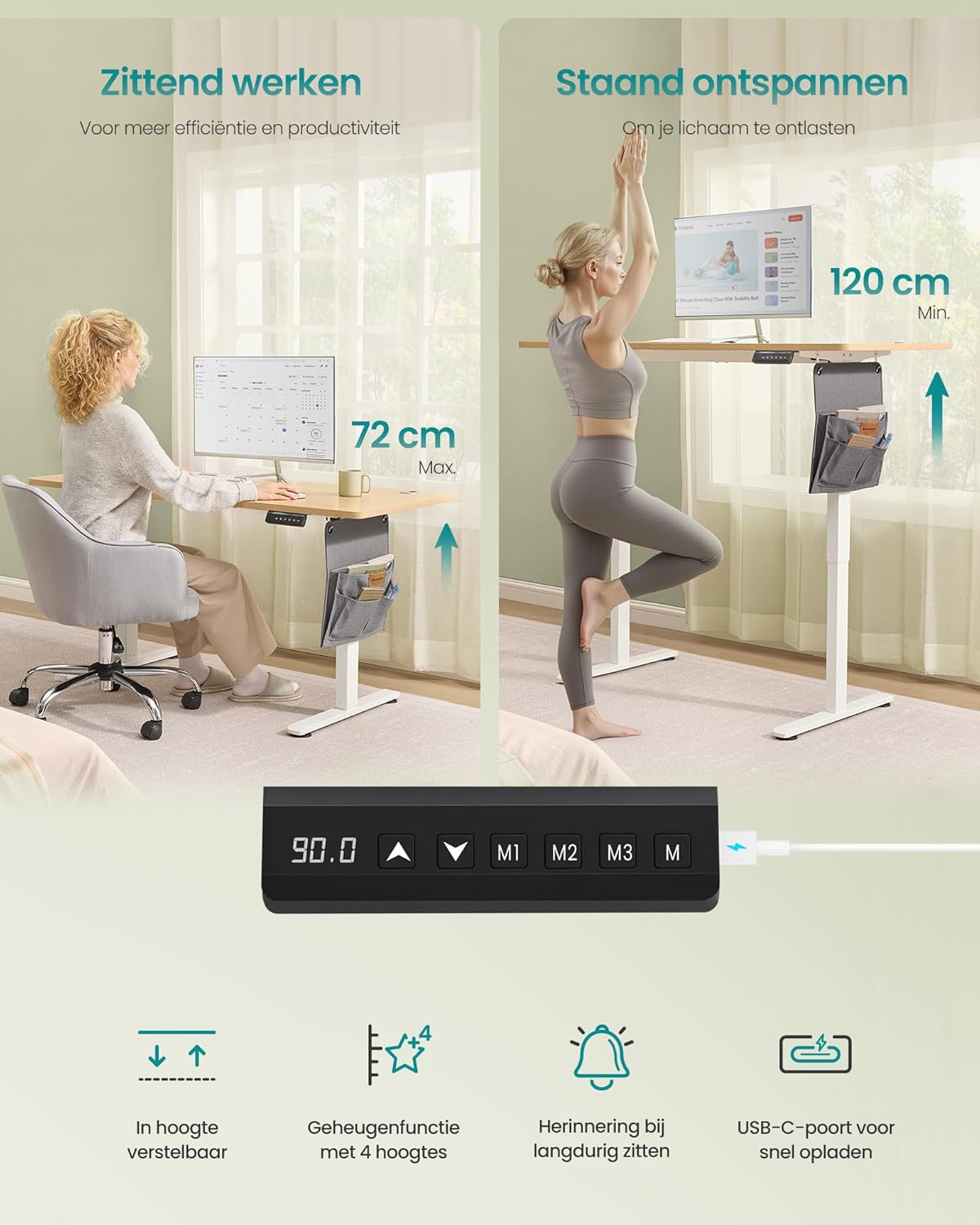 Zit sta bureau 140x60 cm - hoogte verstelbaar 72 t/m 120 cm - elektrisch - bruin / wit - LSD134YA01 - Afbeelding 4