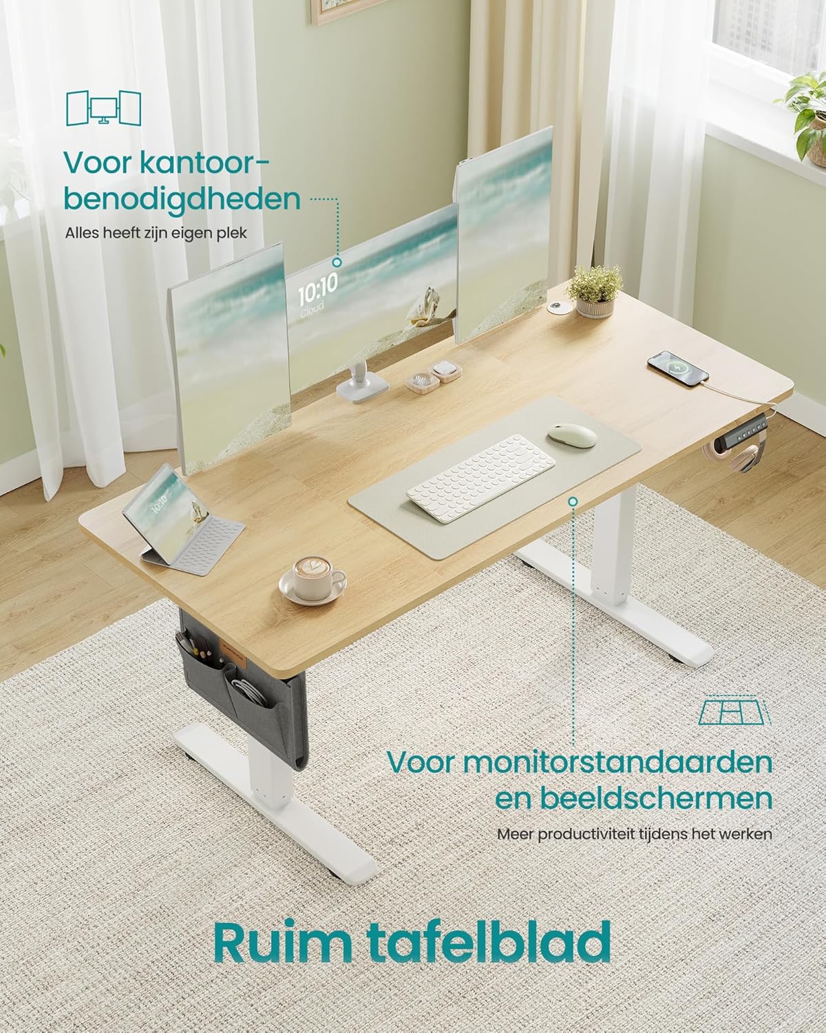 Zit sta bureau 140x60 cm - hoogte verstelbaar 72 t/m 120 cm - elektrisch - bruin / wit - LSD134YA01 - Afbeelding 5