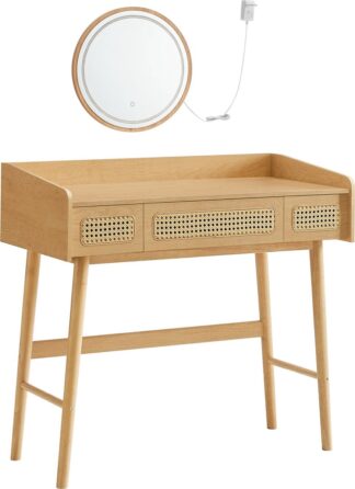 Kaptafel - Make-up Tafel - Cosmetica Tafel - Met Spiegel en LED-verlichting - 3 Laden - Boho / Bohemian Stijl - Eiken Beige - rvt007y01