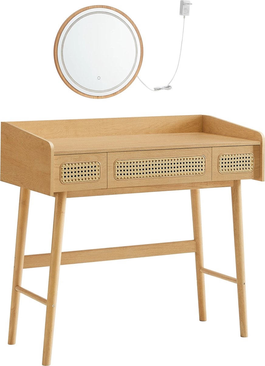 Kaptafel - Make-up Tafel - Cosmetica Tafel - Met Spiegel en LED-verlichting - 3 Laden - Boho / Bohemian Stijl - Eiken Beige - rvt007y01