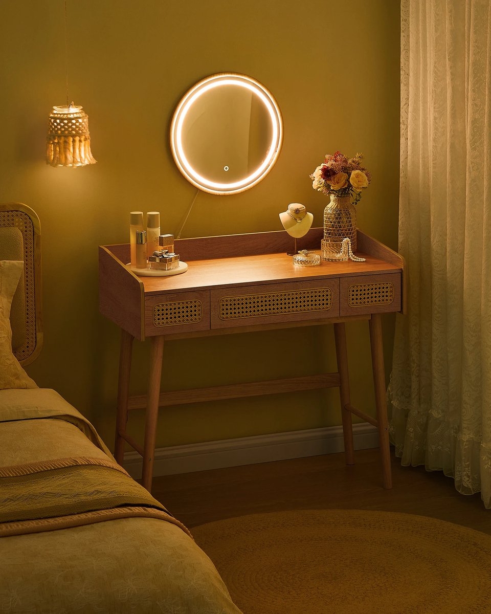 Kaptafel - Make-up Tafel - Cosmetica Tafel - Met Spiegel en LED-verlichting - 3 Laden - Boho / Bohemian Stijl - Eiken Beige - rvt007y01 - Afbeelding 3