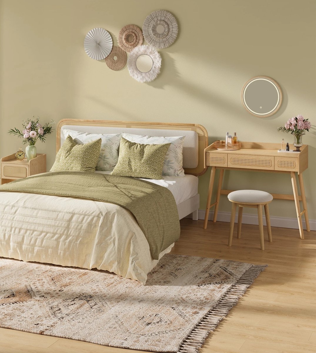 Kaptafel - Make-up Tafel - Cosmetica Tafel - Met Spiegel en LED-verlichting - 3 Laden - Boho / Bohemian Stijl - Eiken Beige - rvt007y01 - Afbeelding 4