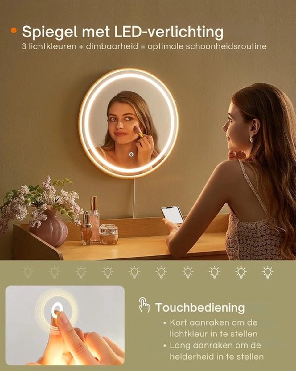 Kaptafel - Make-up Tafel - Cosmetica Tafel - Met Spiegel en LED-verlichting - 3 Laden - Boho / Bohemian Stijl - Eiken Beige - rvt007y01 - Afbeelding 6