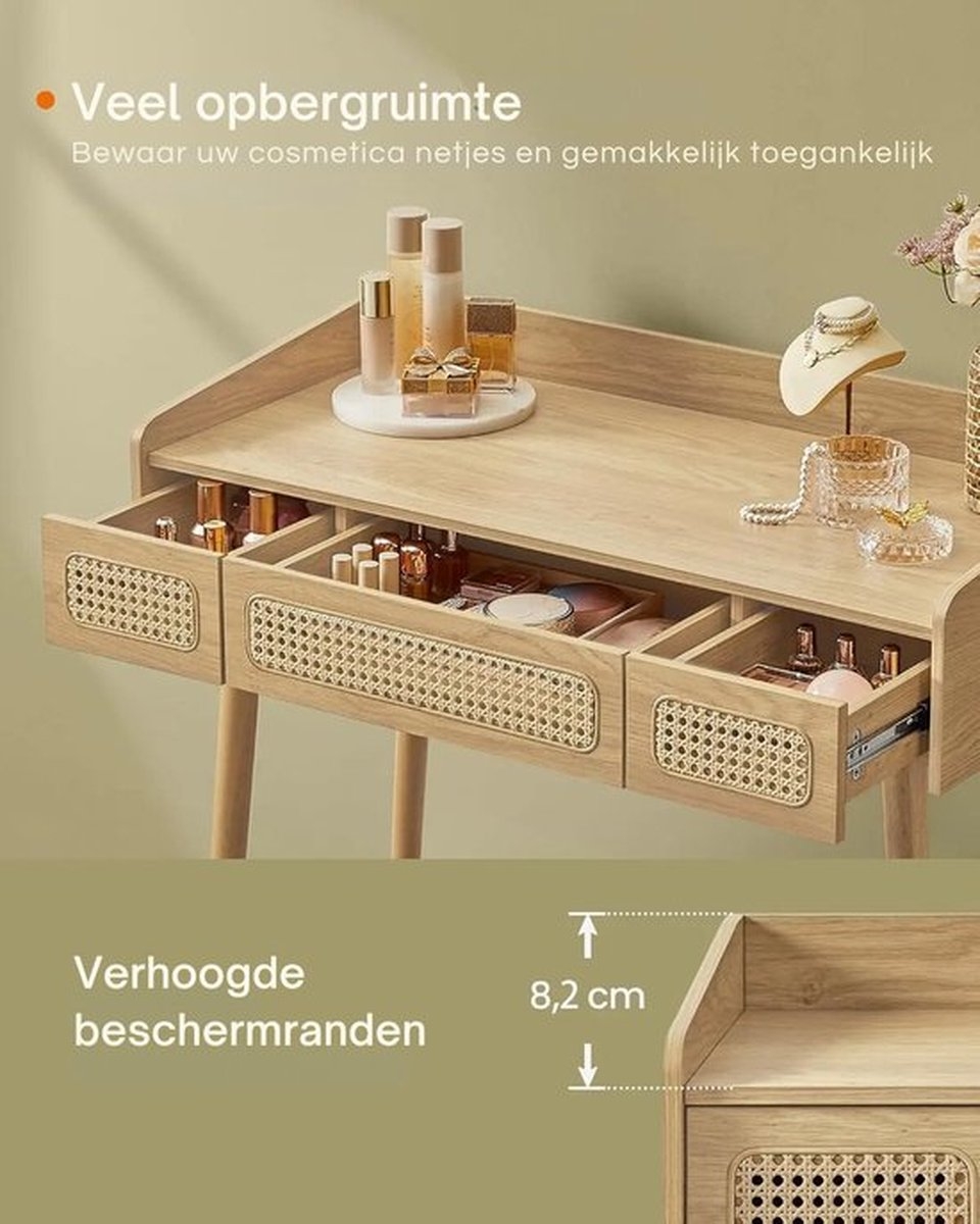Kaptafel - Make-up Tafel - Cosmetica Tafel - Met Spiegel en LED-verlichting - 3 Laden - Boho / Bohemian Stijl - Eiken Beige - rvt007y01 - Afbeelding 7