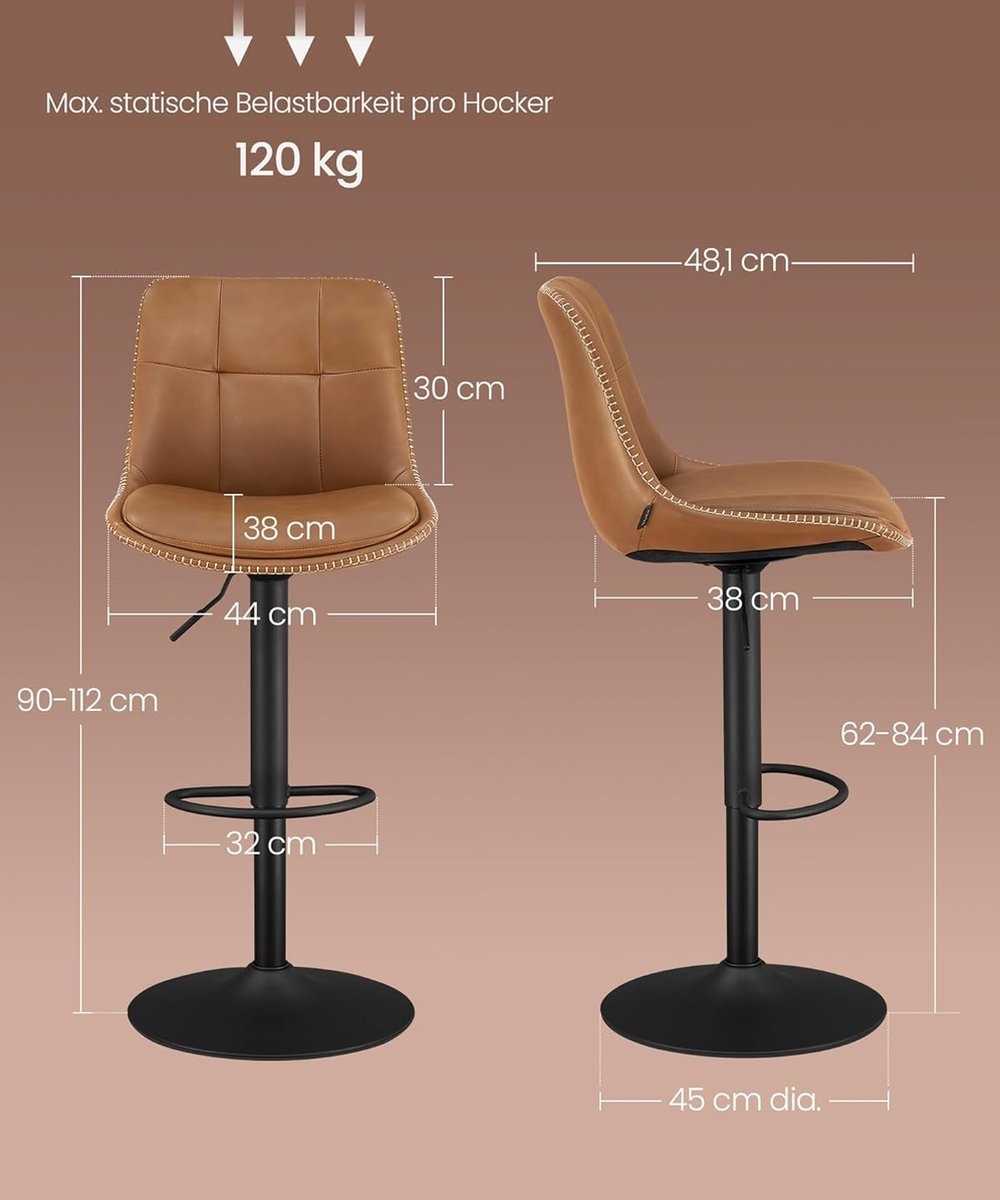 2x barkruk -metaal met PU leer - bruin met zwart - draaibaar en verstelbaar in hoogte - met rugleuning - set van 2 stuks - LJB095K01 B - Afbeelding 8