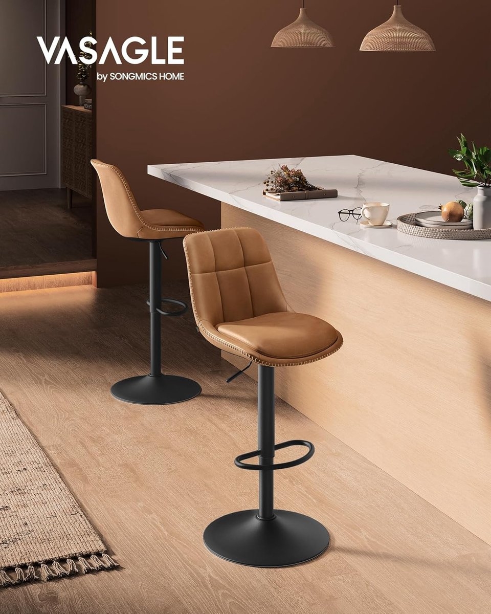 2x barkruk -metaal met PU leer - bruin met zwart - draaibaar en verstelbaar in hoogte - met rugleuning - set van 2 stuks - LJB095K01 B - Afbeelding 2