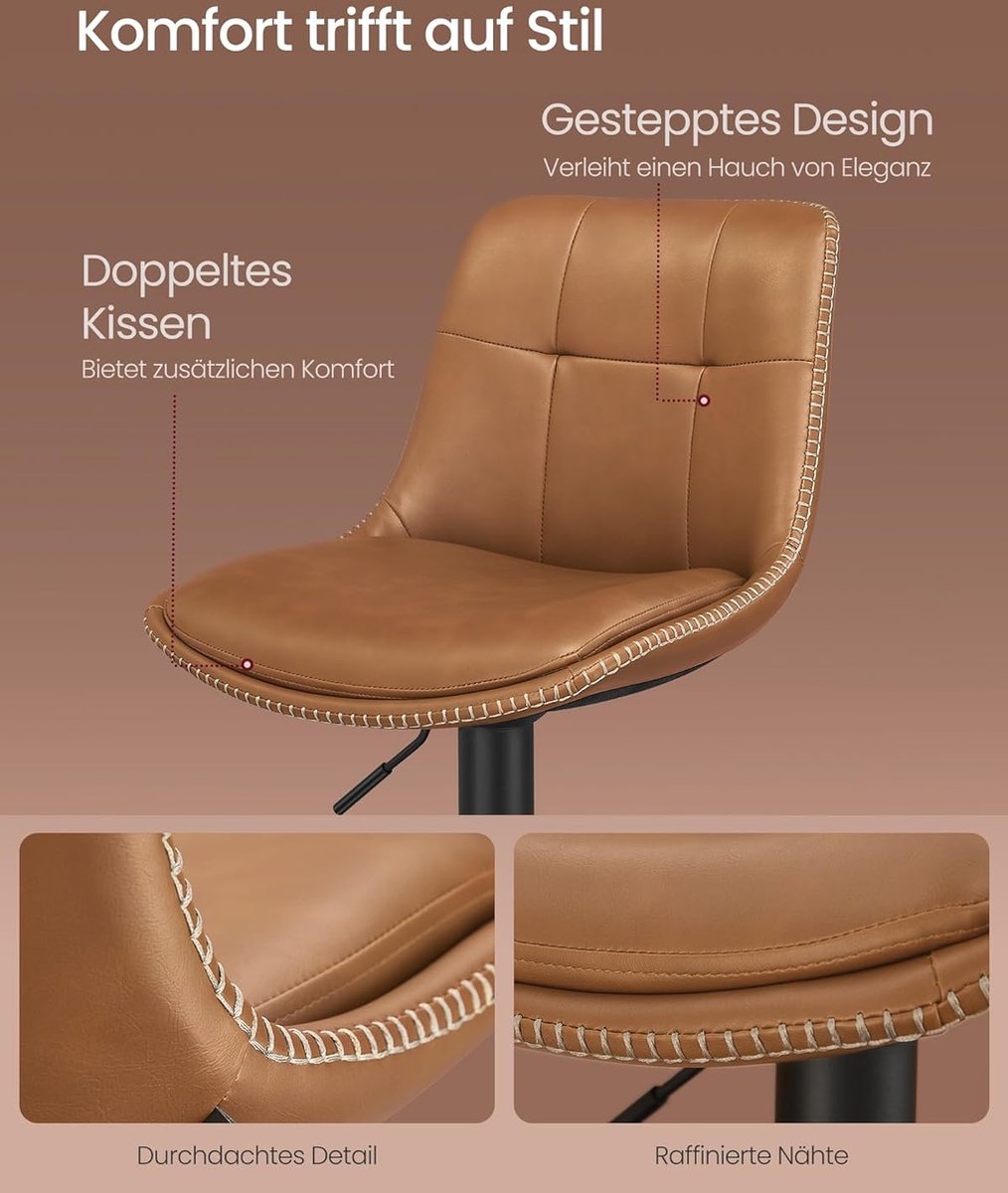 2x barkruk -metaal met PU leer - bruin met zwart - draaibaar en verstelbaar in hoogte - met rugleuning - set van 2 stuks - LJB095K01 B - Afbeelding 4