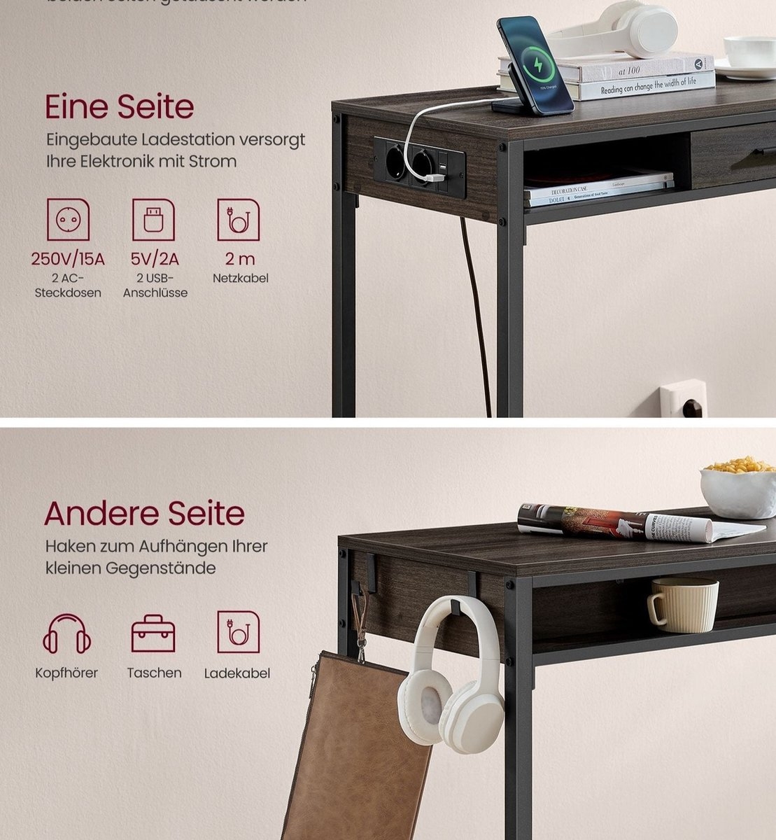 Bartafel / bureau - met laadstation - Hoge tafel - bruin - spaanplaat en staal - 40 cm x 99,8 cm x 104,6 cm - LBT019K02 - Afbeelding 3