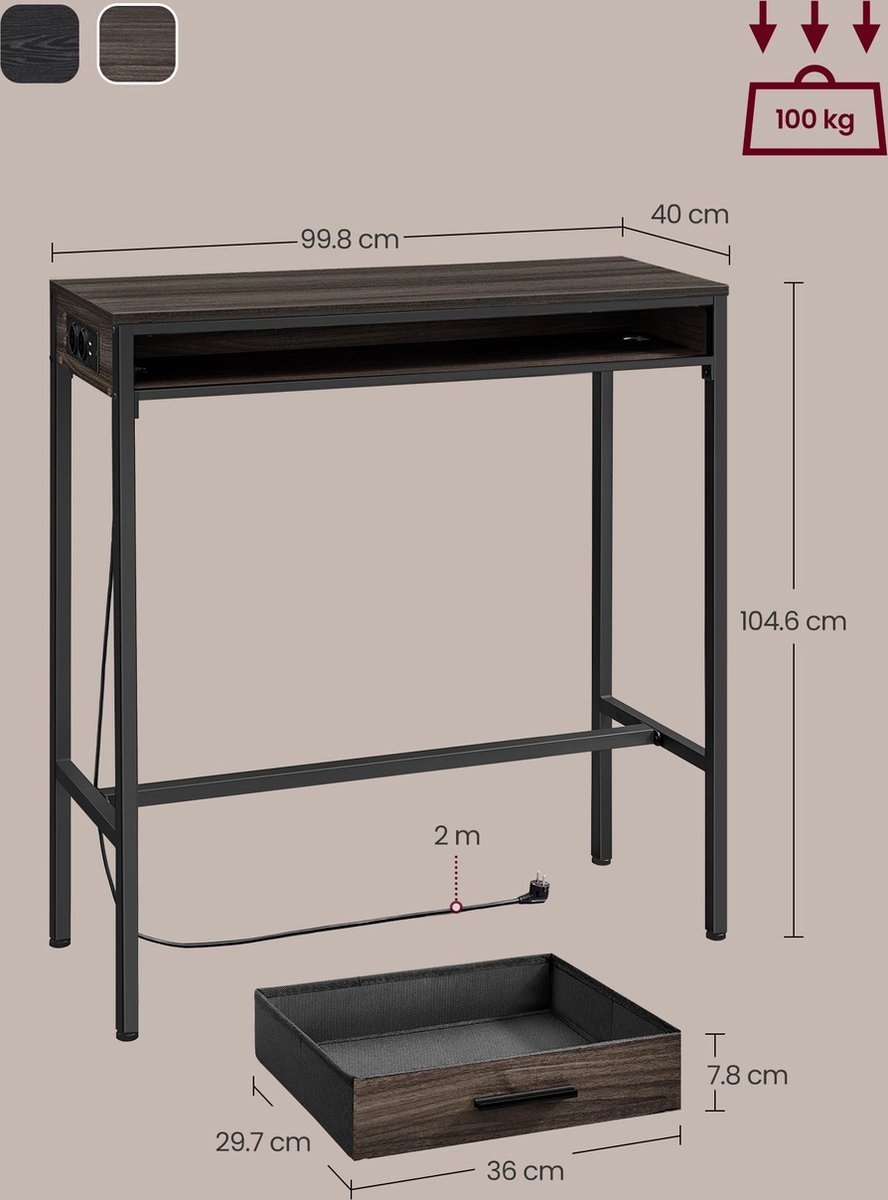 Bartafel / bureau - met laadstation - Hoge tafel - bruin - spaanplaat en staal - 40 cm x 99,8 cm x 104,6 cm - LBT019K02 - Afbeelding 4