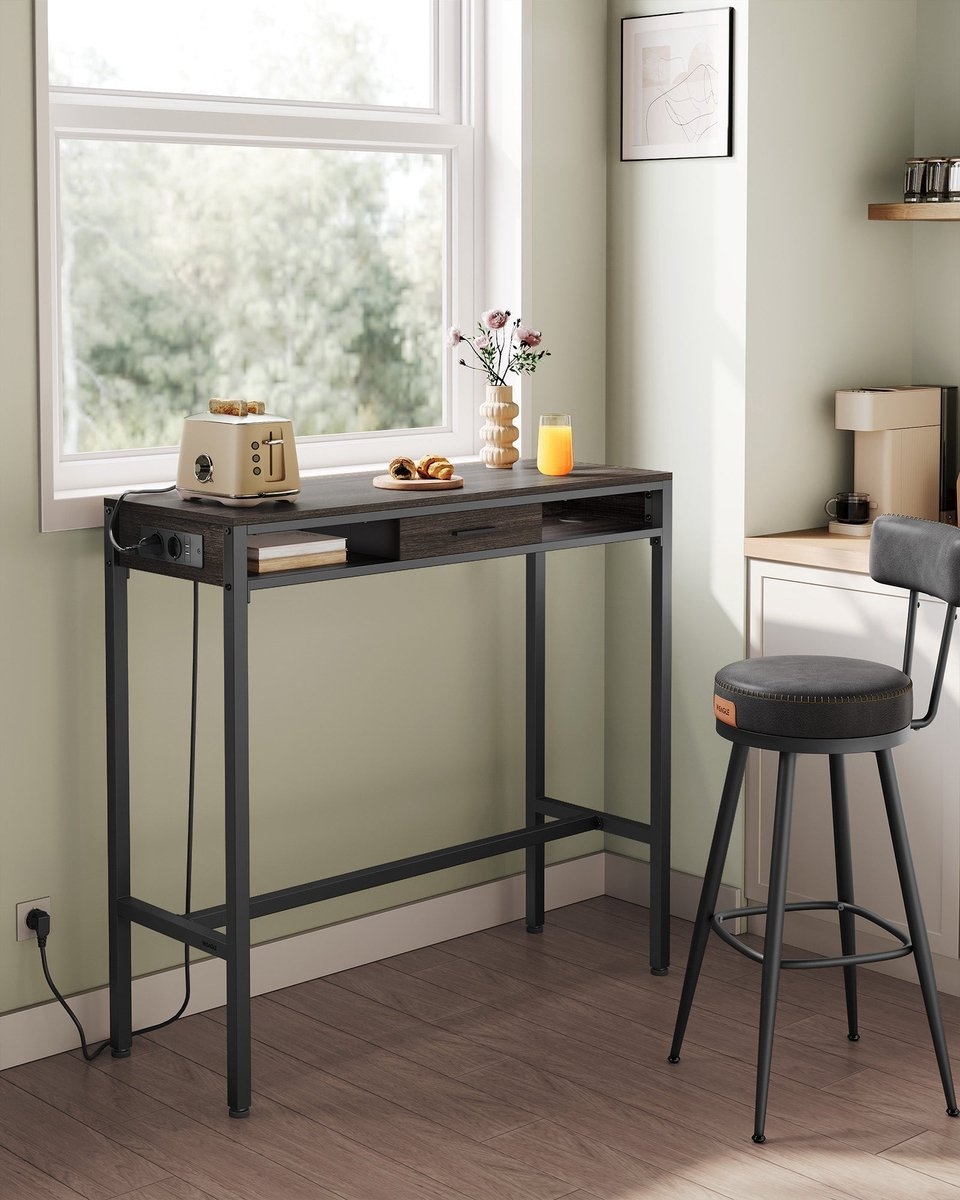 Bartafel / bureau - met laadstation - Hoge tafel - bruin - spaanplaat en staal - 40 cm x 99,8 cm x 104,6 cm - LBT019K02 - Afbeelding 6