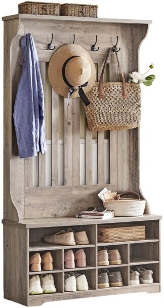 Kapstokkast - garderobekast - schoenenbank met kapstok - grijs / bruin - hout - hoogte 180 cm - HSR404T02YC