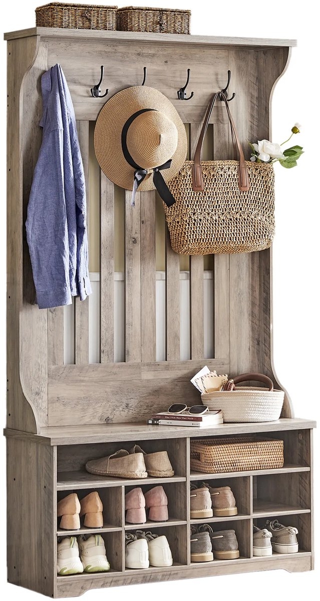 Kapstokkast - garderobekast - schoenenbank met kapstok - grijs / bruin - hout - hoogte 180 cm - HSR404T02YC