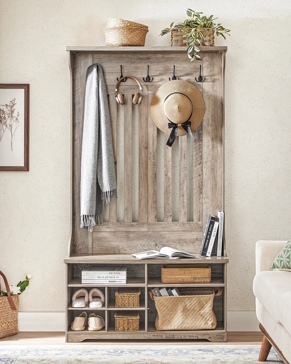 Kapstokkast - garderobekast - schoenenbank met kapstok - grijs / bruin - hout - hoogte 180 cm - HSR404T02YC - Afbeelding 3