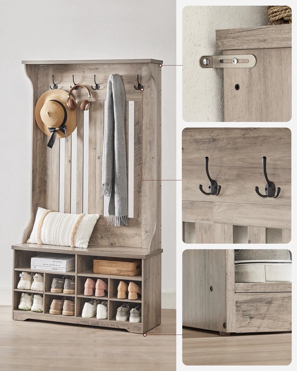 Kapstokkast - garderobekast - schoenenbank met kapstok - grijs / bruin - hout - hoogte 180 cm - HSR404T02YC - Afbeelding 4