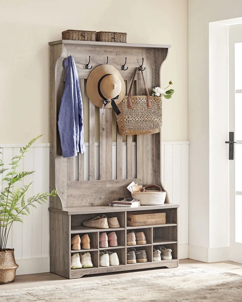 Kapstokkast - garderobekast - schoenenbank met kapstok - grijs / bruin - hout - hoogte 180 cm - HSR404T02YC - Afbeelding 5