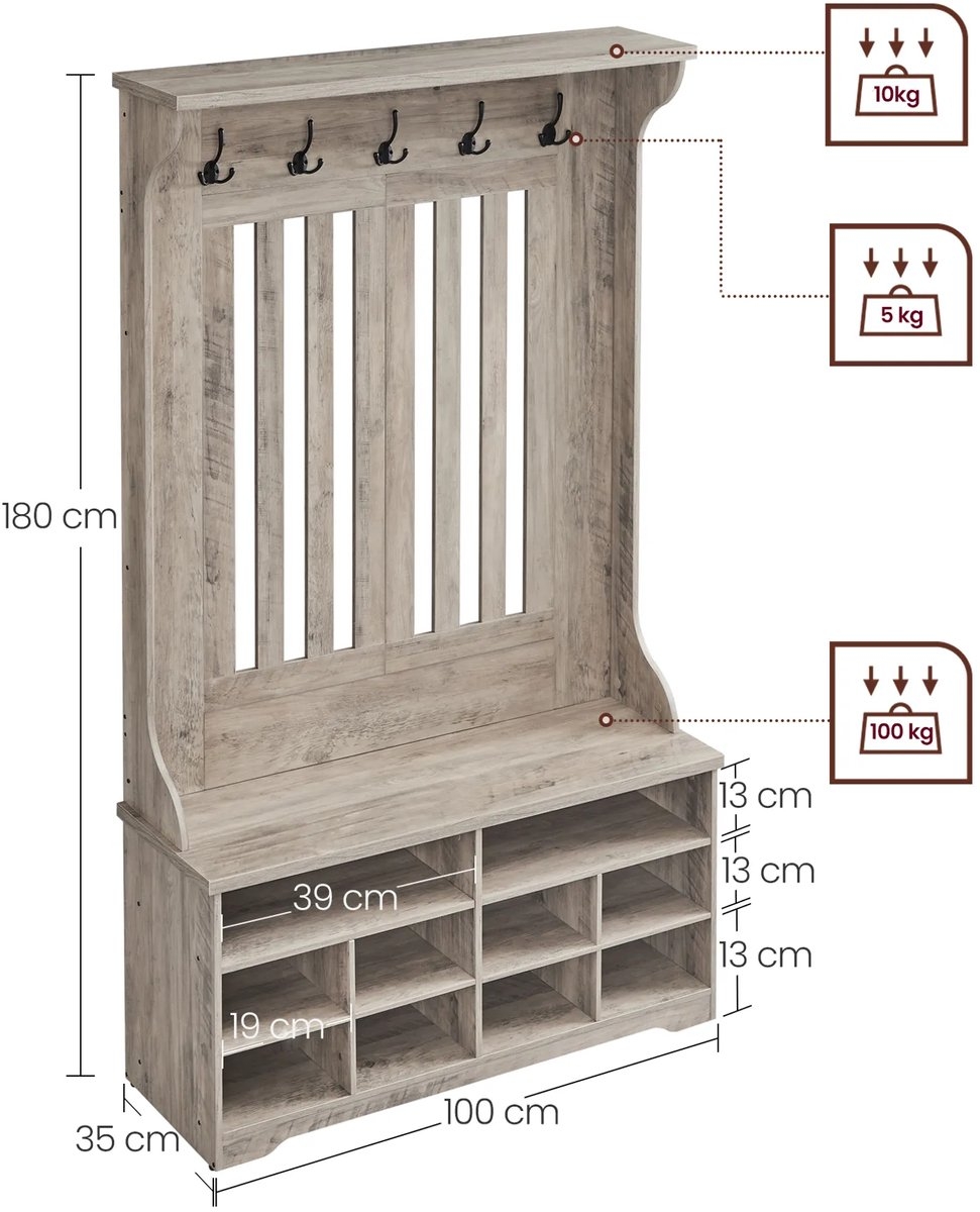 Kapstokkast - garderobekast - schoenenbank met kapstok - grijs / bruin - hout - hoogte 180 cm - HSR404T02YC - Afbeelding 8