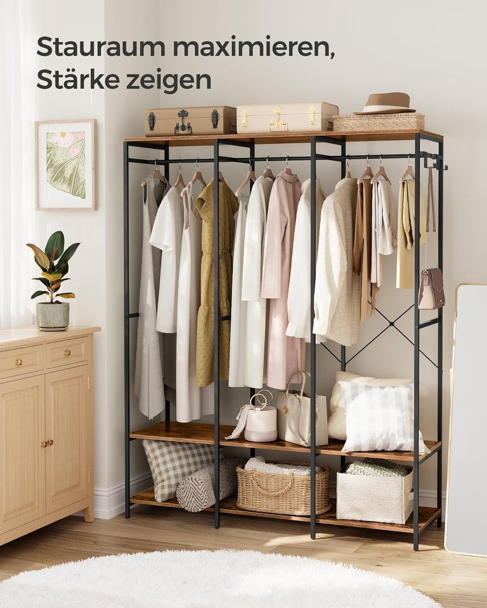 Kledingkast - open kledingkast - kledingrek - metaal en hout - 141x180 cm - bruin met zwart - RGR005B01 - Afbeelding 2