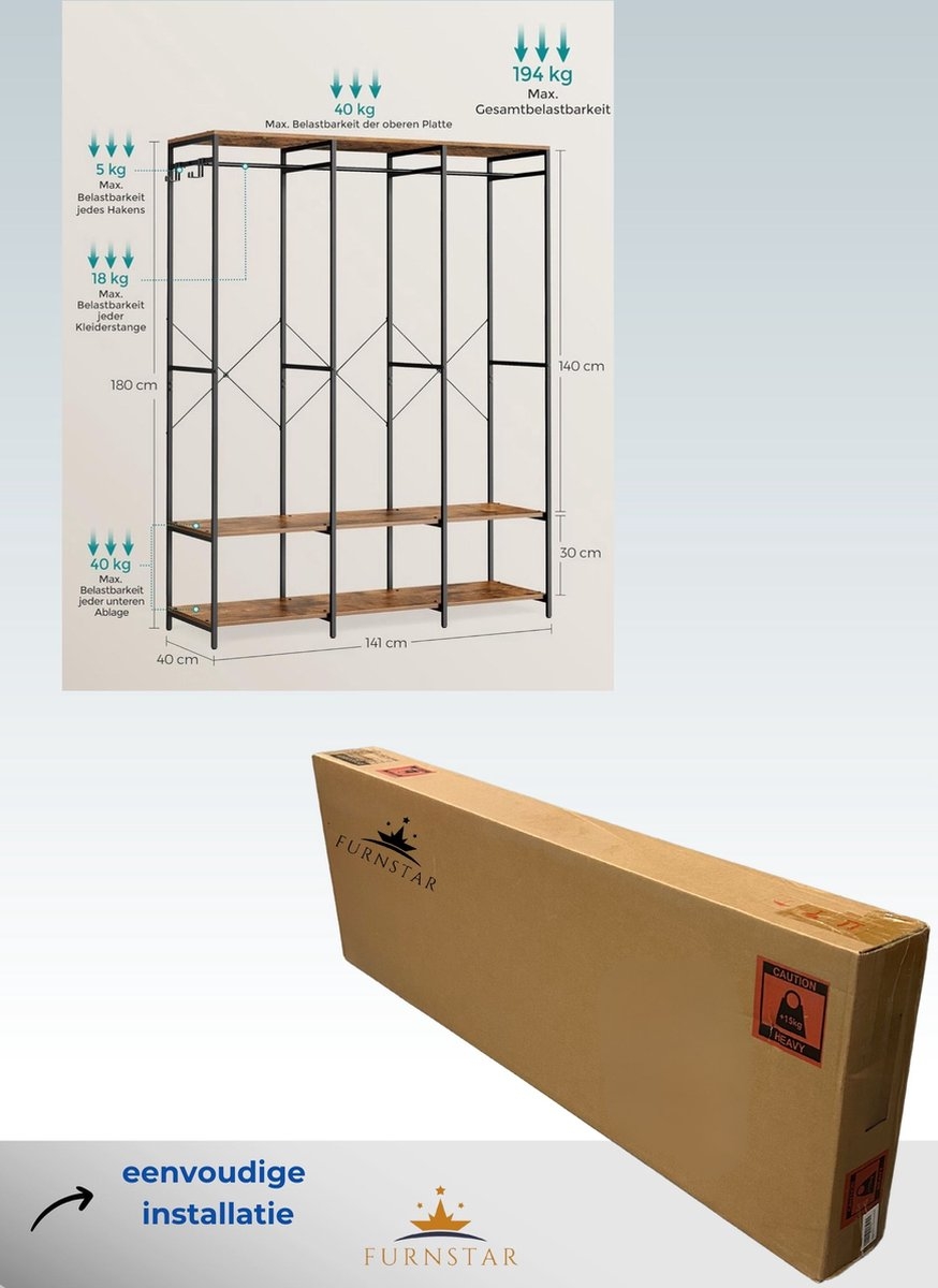 Kledingkast - open kledingkast - kledingrek - metaal en hout - 141x180 cm - bruin met zwart - RGR005B01 - Afbeelding 3