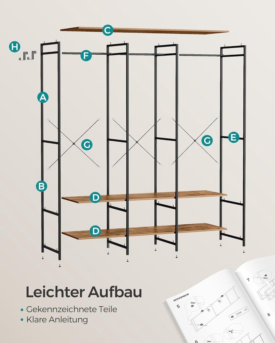 Kledingkast - open kledingkast - kledingrek - metaal en hout - 141x180 cm - bruin met zwart - RGR005B01 - Afbeelding 4