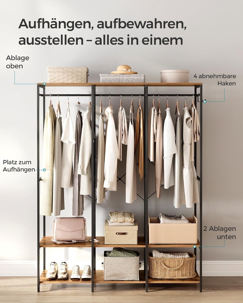 Kledingkast - open kledingkast - kledingrek - metaal en hout - 141x180 cm - bruin met zwart - RGR005B01 - Afbeelding 5