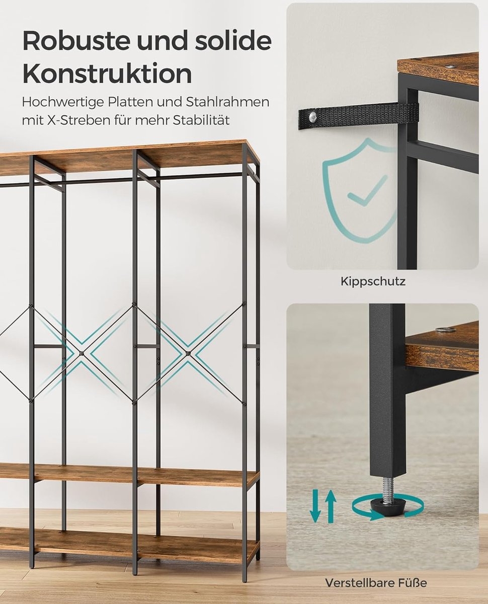 Kledingkast - open kledingkast - kledingrek - metaal en hout - 141x180 cm - bruin met zwart - RGR005B01 - Afbeelding 6