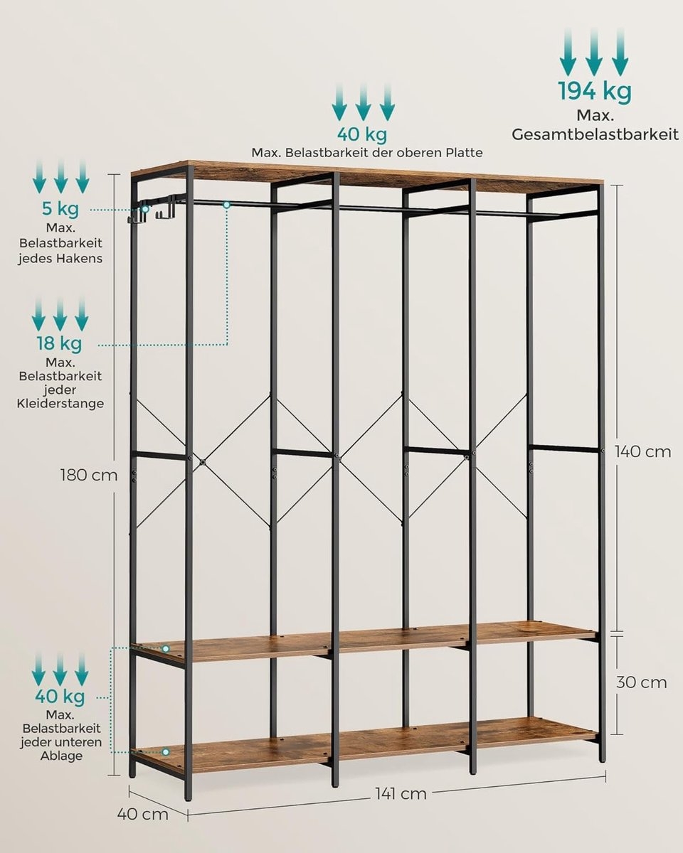 Kledingkast - open kledingkast - kledingrek - metaal en hout - 141x180 cm - bruin met zwart - RGR005B01 - Afbeelding 7