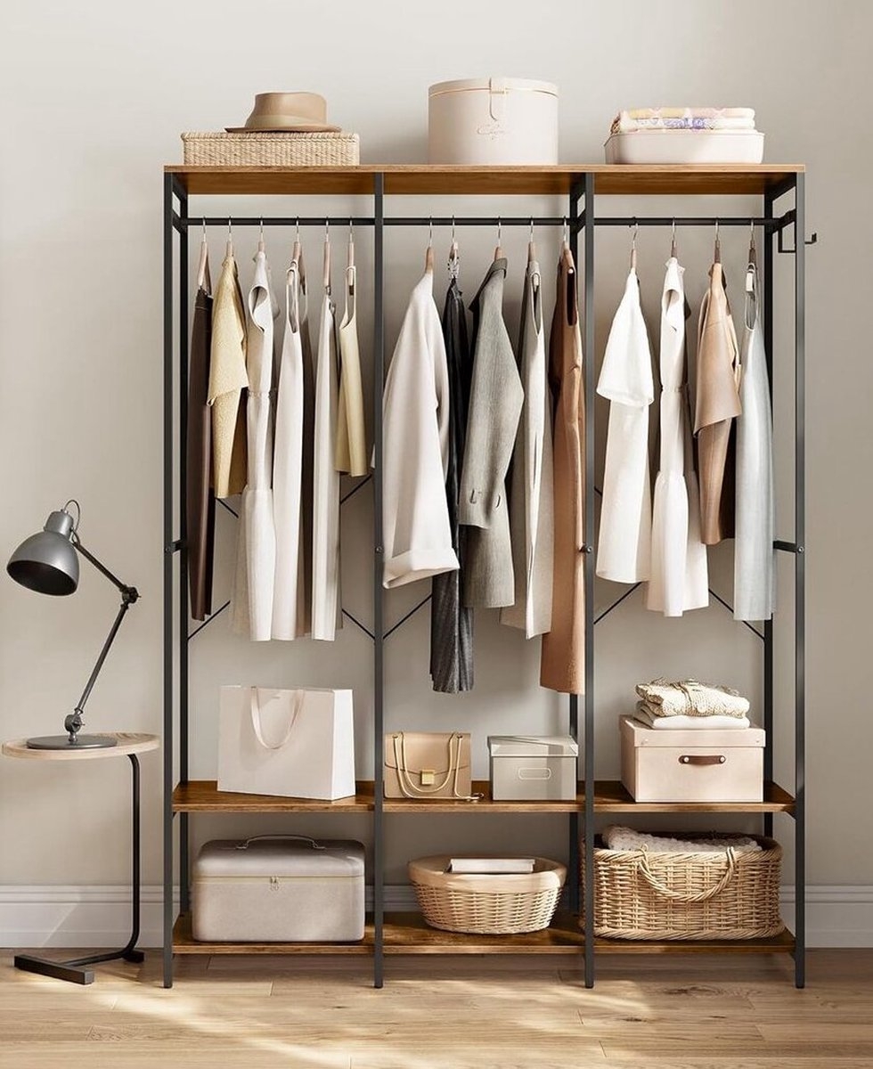 Kledingkast - open kledingkast - kledingrek - metaal en hout - 141x180 cm - bruin met zwart - RGR005B01 - Afbeelding 8