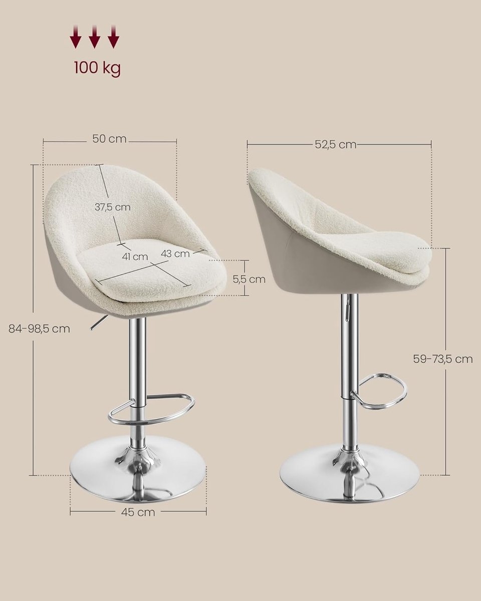 2x barkruk met rugleuning en voetensteun – stalen frame – Kleur: Crèmewit – hoogte verstelbaar zitvlak en 360° draaibare zitting - Model LJB110W01 - Afbeelding 2