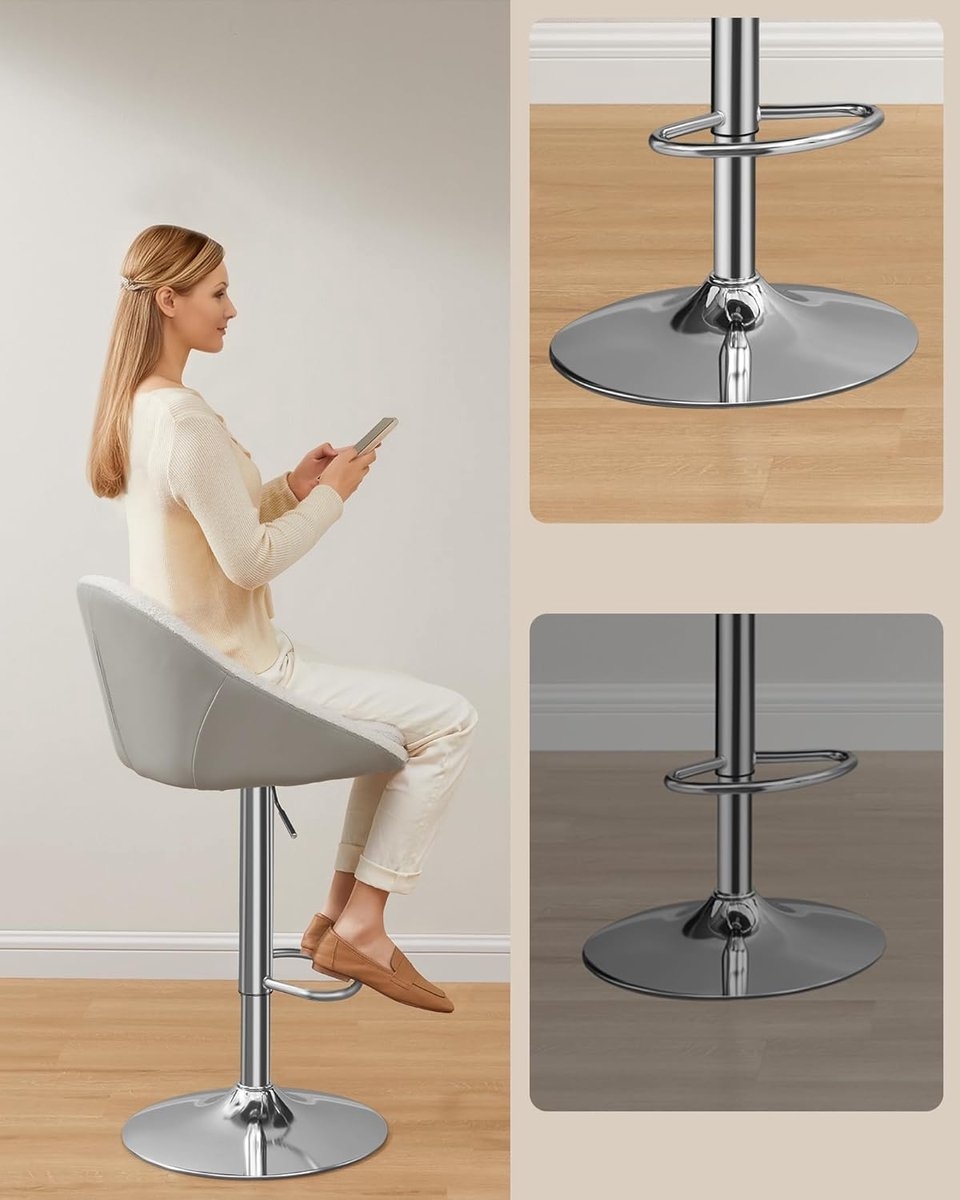 2x barkruk met rugleuning en voetensteun – stalen frame – Kleur: Crèmewit – hoogte verstelbaar zitvlak en 360° draaibare zitting - Model LJB110W01 - Afbeelding 4