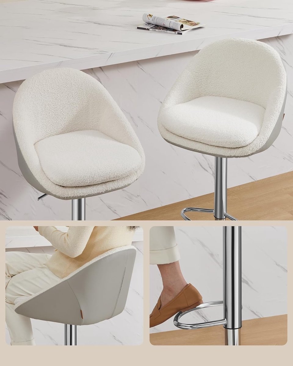 2x barkruk met rugleuning en voetensteun – stalen frame – Kleur: Crèmewit – hoogte verstelbaar zitvlak en 360° draaibare zitting - Model LJB110W01 - Afbeelding 5